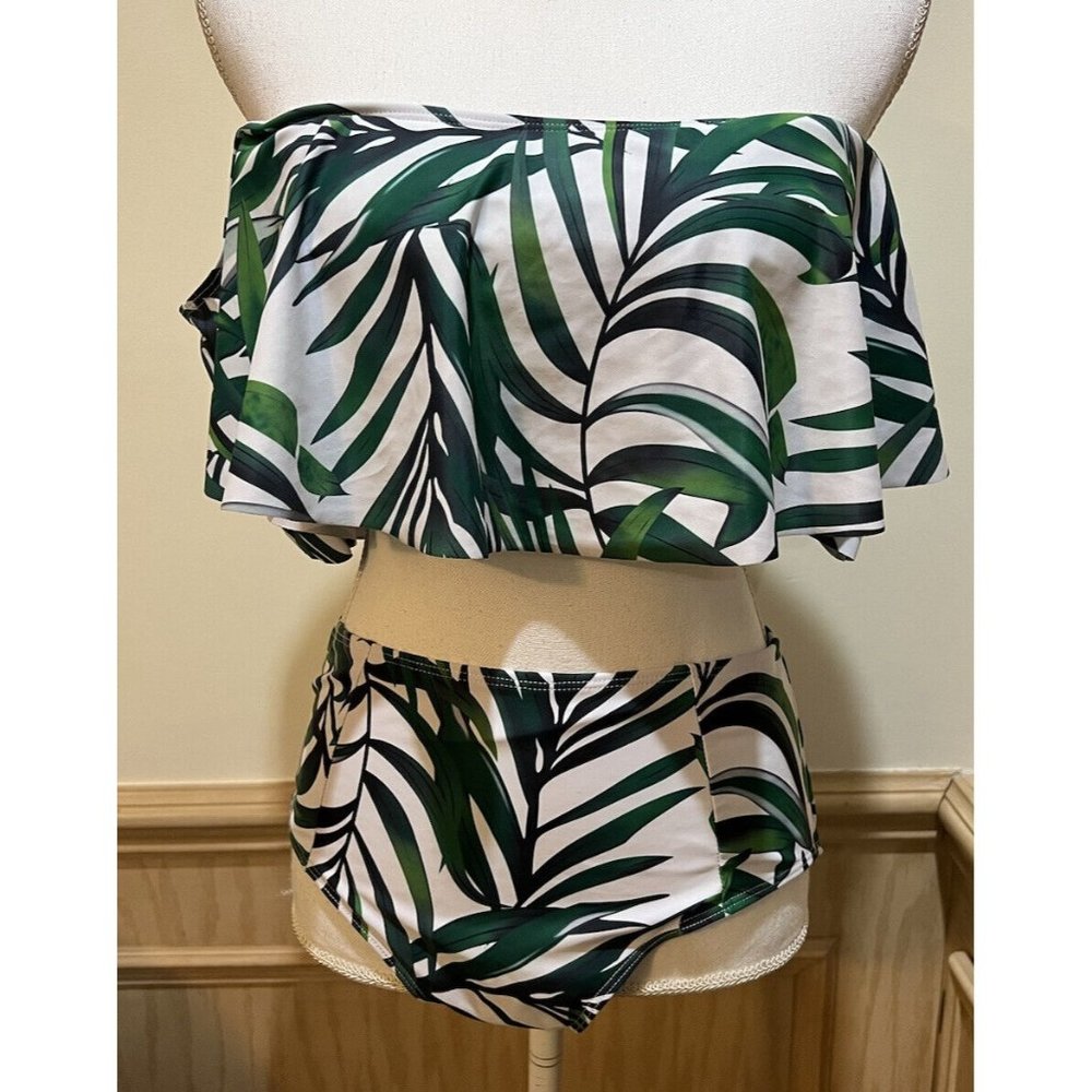 High Waisted Bottom & Top Swim Suit Size Medium ~ White/Green